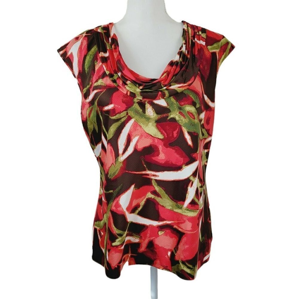 Anne Klein Women's Satiny Sleeveless Blouse Sz Med Mature Abstract Floral EUC
